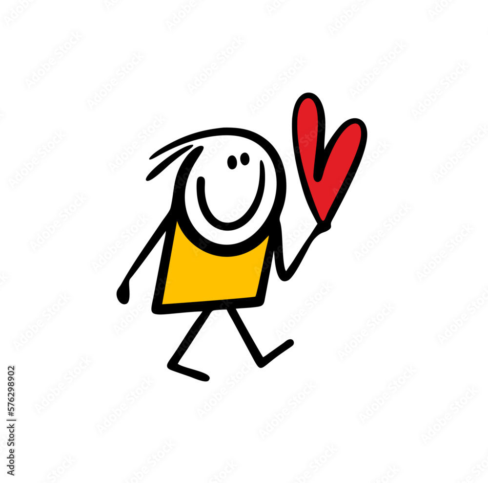 Funny little boy walking w and holding big heart in his hand.