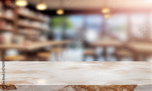 Marble countertop with a blurred background of the interior of the kitchen cafe restaurant, generative AI