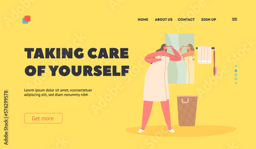 Female Character Care of her Face Landing Page Template. Attractive Young Woman Wrapped in Bath Towel