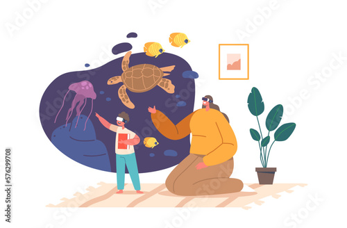 Mother And Children Wearing Vr Headsets Study Nature and Underwater Animals In Home Setting Vector Illustration