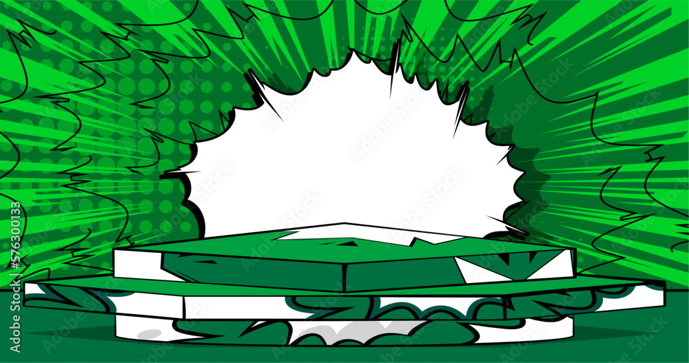 Green Comic Book Product podium. Cartoon stage. Pop Art mockup ...