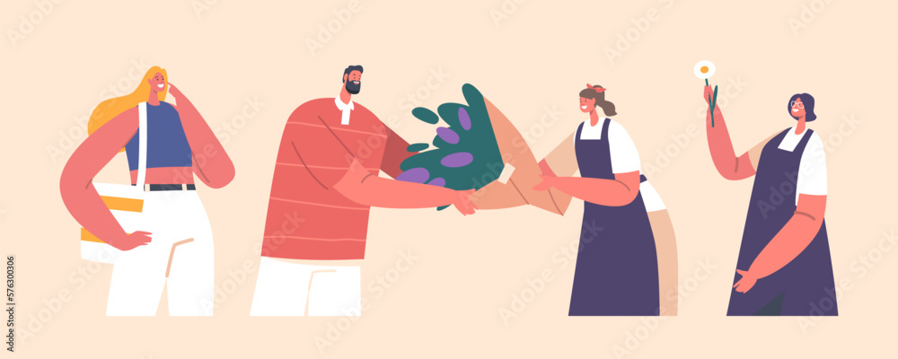 Man Buying Beautiful Flower Bouquet For Woman. Florists Female Characters Wear Uniform. Concept of Romance, Love Man Buying Beautiful Flower Bouquet For Woman. Florists Female Characters Wear Uniform. Concept of Romance, Love