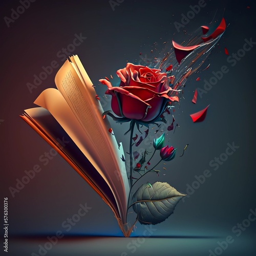 AI generated illustration of an open book with a rose, AI. Catalonia book day. Sant jordi photo