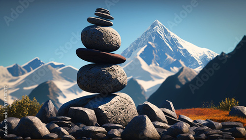 Zen pebbles piled with mountain view. Tranquil, balanced, meditative arrangement. Weathered stones form natural art. Serene scenery complements peaceful ambiance. photo