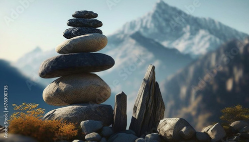 Zen pebbles piled with mountain view. Tranquil, balanced, meditative arrangement. Weathered stones form natural art. Serene scenery complements peaceful ambiance. photo