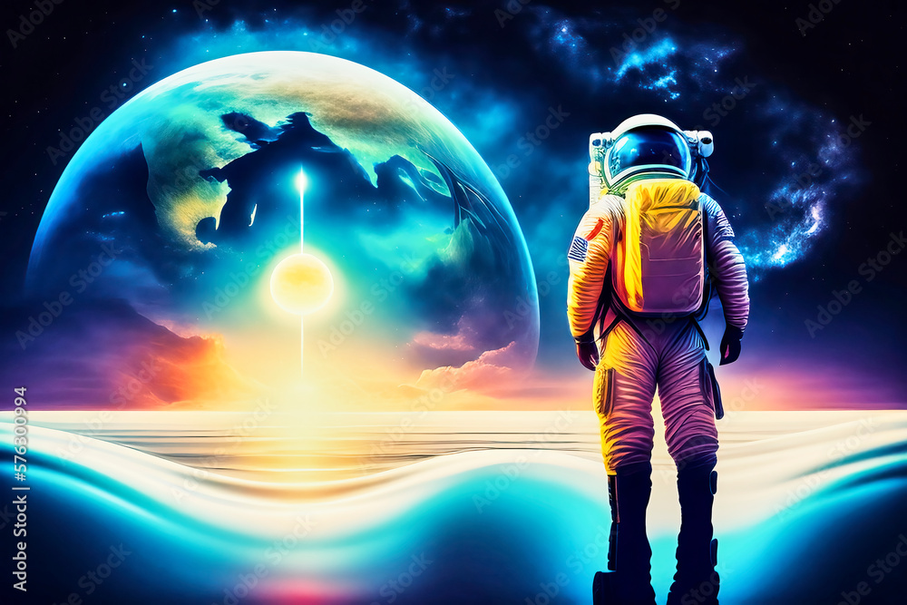 Obraz premium An astronaut stares into the distance with the planet earth, a wave of homesickness washing over them, made with generative ai