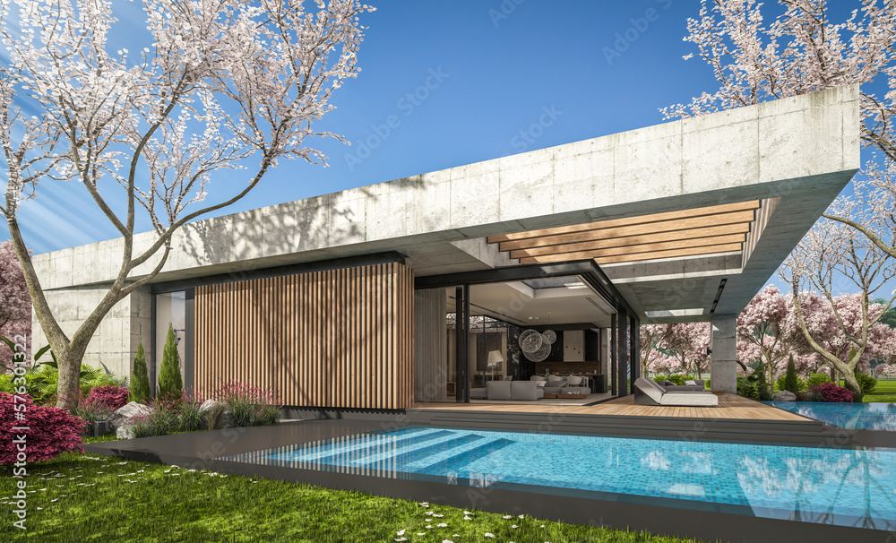 Obraz premium 3d rendering of new concrete house in modern style with pool and parking for sale or rent and beautiful landscaping on background. Fresh spring day with a blooming trees with flowers of sakura.