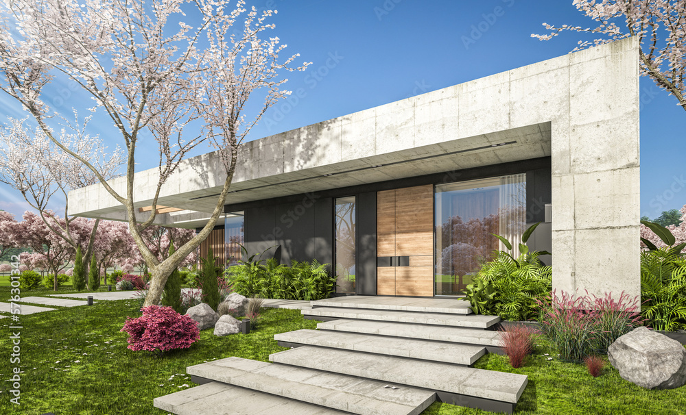 3d rendering of new concrete house in modern style with pool and parking for sale or rent and beautiful landscaping on background. Fresh spring day with a blooming trees with flowers of sakura.