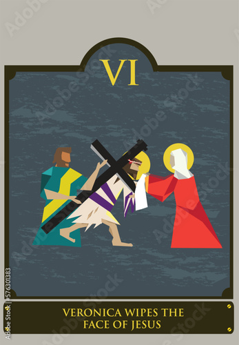 6th Station. The Way of the Cross  or via Crucis. Traditional Version.  Veronica wipes the face of Jesus. Editable Clip Art.