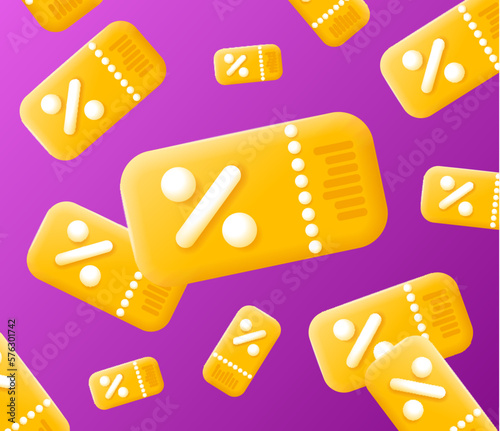 3d Yellow Cupons Seamless Pattern Background Plasticine Cartoon Style for Web and App Design. Vector illustration of Gift Voucher Coupon