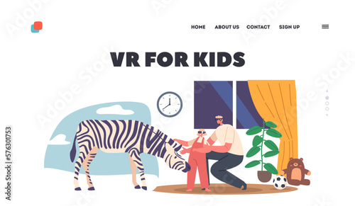 Vr for Kids Landing Page Template. Father with Little Daughter Wearing 3d Glasses Looking on Zebra Immersive Experience © Sergii Pavlovskyi