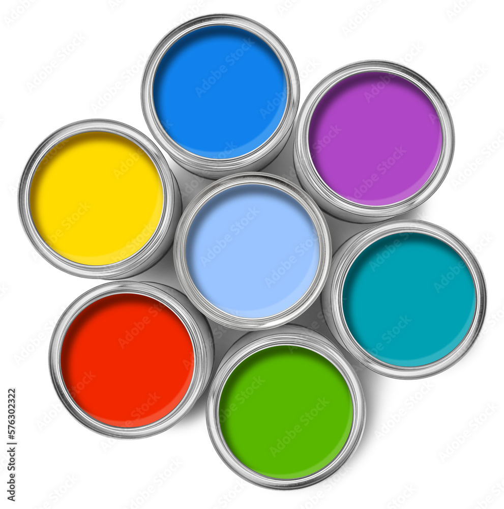Color paint tin cans top view isolated, minimum drop shadow Color paint tin cans top view isolated, minimum drop shadow