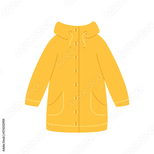 Bright yellow raincoat with hood on white background. Protection from rain and wind. Clothing for weather. Spring, autumn, demi-season waterproof clothes. Vector illustration