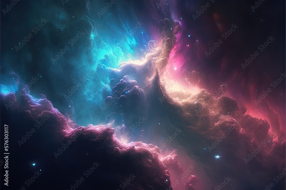 Space with shining stars, stardust and nebula. Realistic cosmos. Colorful galaxy illustration. Bright futuristic background. Generative AI.