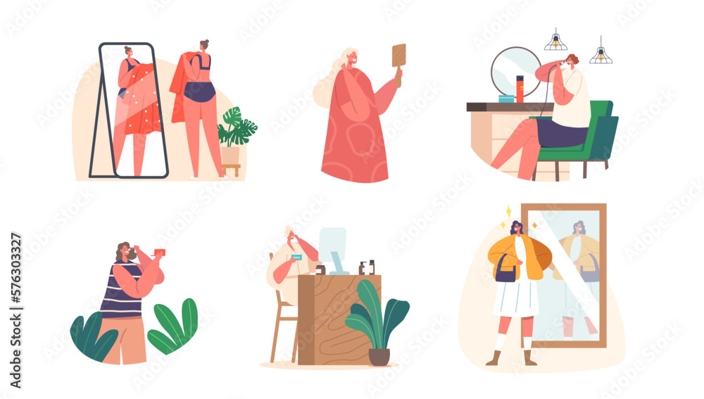 Set Women Daily Routine Concept. Young Female Characters Hygiene Procedures Front Of The Mirror. Girl Comb Hair Set Women Daily Routine Concept. Young Female Characters Hygiene Procedures Front Of The Mirror. Girl Comb Hair