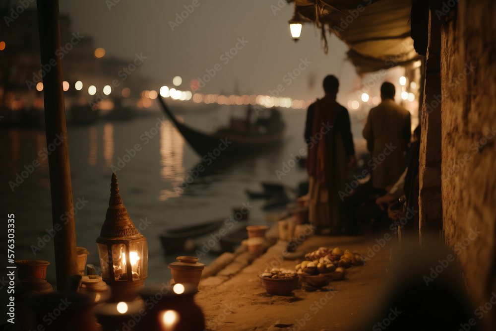 India, haunting photo of the ghats on the Ganges River in Varanasi, shot at dusk AI Generative