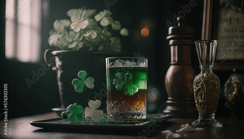 St. Patrick's Day celebration background. Glass with green liquid beer Generative ai