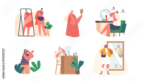Set Women Daily Routine Concept. Young Female Characters Hygiene Procedures Front Of The Mirror. Girl Comb Hair