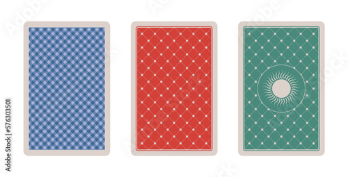 Set of illustrated playing card back designs isolated on white background.