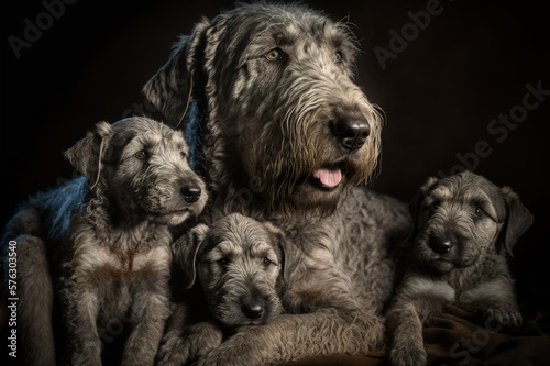 Adult Irish wolfhound dog with puppies against dark background. Generative AI
