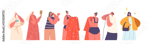 Set Women Daily Routine and Hygiene. Female Characters Cosmetics Procedures front of the Mirror Vector Illustration