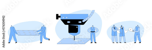 Characters Work On Laser Cut Factory. Tiny Men In Worker Outfit And Helmets On Industrial Manufacture