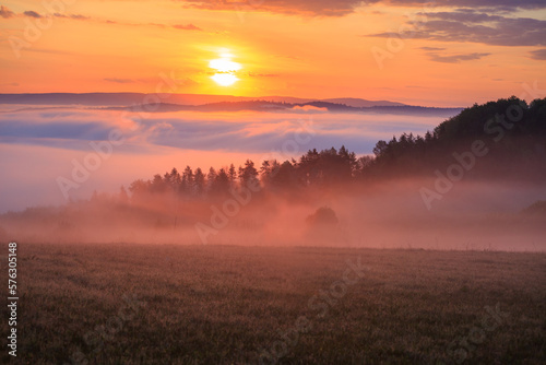 sunrise in the mountains, foggy valley and forest