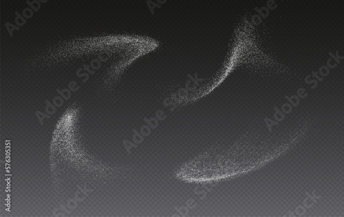 Sugar powder splash, flying salt, baking flour top view. White powder isolated on a transparent background. Vector illustration.