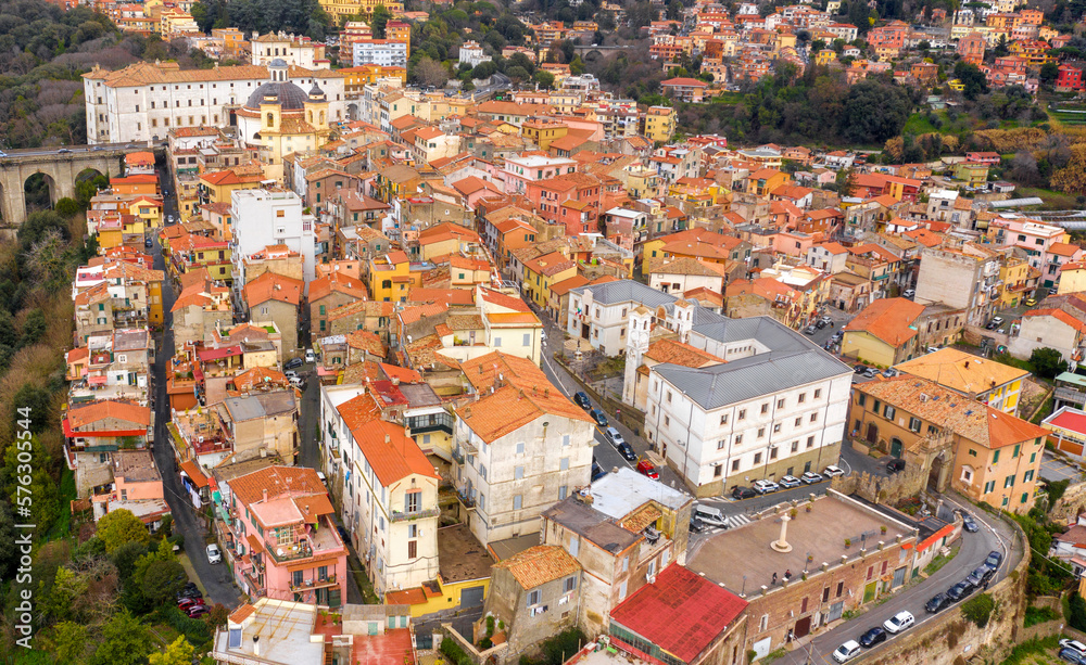 Aerial view of the historic center of Ariccia, in the Metropolitan City of Rome, Italy. The small houses of the town are built between the traditional alleys on the hill.