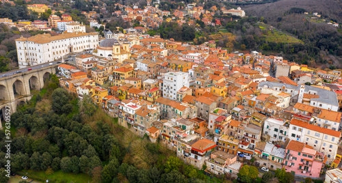 Aerial view of the historic center of Ariccia, in the Metropolitan City of Rome, Italy. The small houses of the town are built between the traditional alleys on the hill.