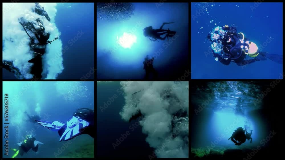 Scuba Diving Multi Screen Video. Scuba Diver Jumping Off Dive Boat. Scuba Diver Silhouette