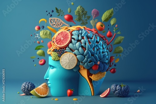 Various Fruits forming a creative brain  Eating healthy food as nutrition to improve memory and thinking. Generative ai