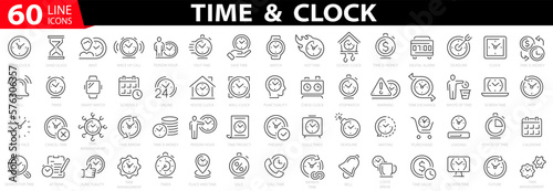 Time icon. Clock icon. 60 icon set Time & Clock. Simple Set of Time Related Vector Line Icons. Time clocks thin line icons. Time Inspection, Log, Calendar and more. Vector illustration