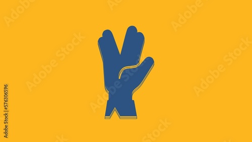 Blue Vulcan salute icon isolated on orange background. Hand with vulcan greet. Spock symbol. 4K Video motion graphic animation
