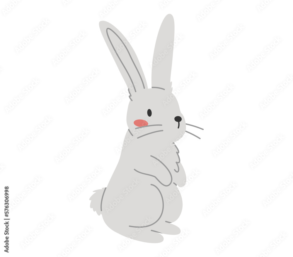Hand drawn cute cartoon illustration of standing small rabbit. Flat vector spring animal, Easter design sticker in colored doodle style. Bunny, hare character icon or print. Isolated on background.