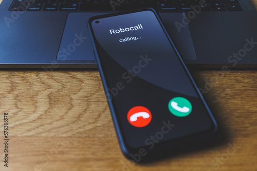 Phone call from robot. Incoming robocall Concept photo