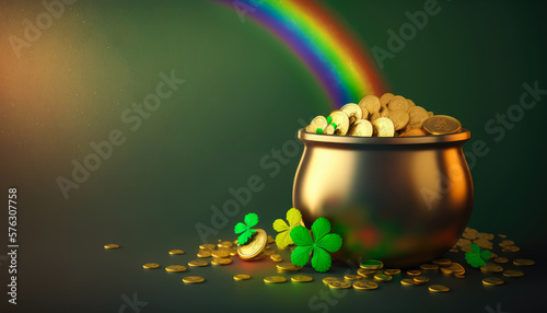 A pot full of gold coins, shamrock clover and rainbows, St Patrick's day concept