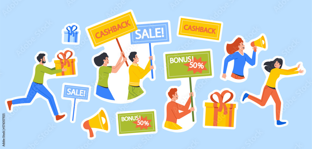 Set of Stickers Buyer Escape from Intrusive Advertising of Promotional Products. Promoter Characters Offer Discounts Set of Stickers Buyer Escape from Intrusive Advertising of Promotional Products. Promoter Characters Offer Discounts