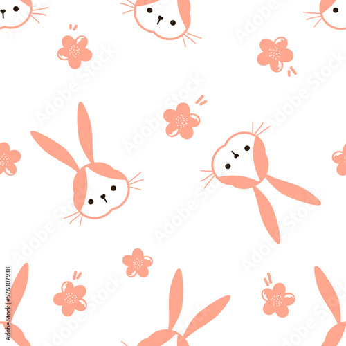 Seamless pattern with bunny rabbit cartoons and cute flower on white background vector illustration. Cute childish print.