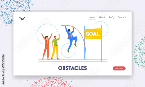 Obstacles Landing Page Template. Business Man with Pole Jumping over Barrier Reaching the Goal in Career or Finance