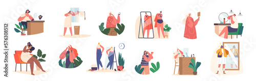 Set Women Daily Routine, Girls Comb Hair, Apply Facial Mask, Rouge, Curl Hair, Dress On, Fitting Jewelry Illustration