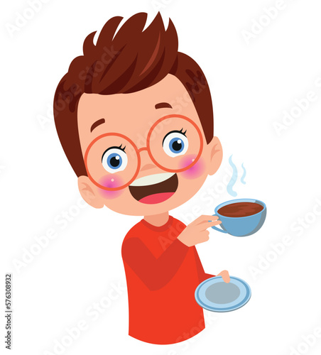 little boy drink hot coffee and feel happy