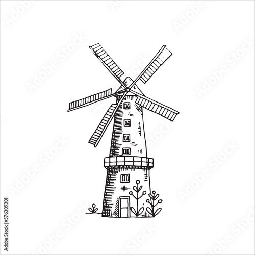 Windmill in a rural landscape, hand drawn, graphic style. Vector.