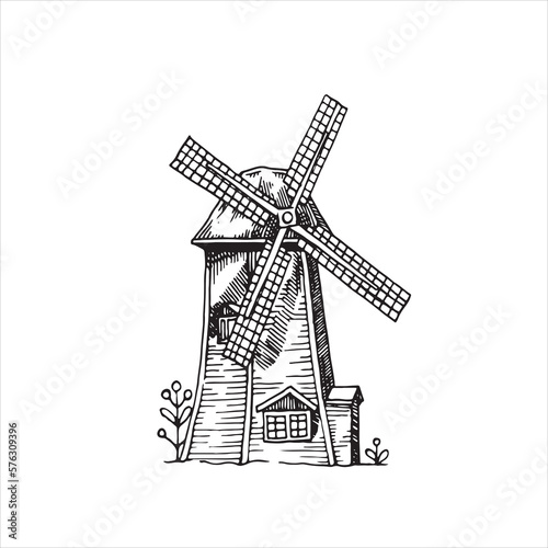 Windmill in a rural landscape, hand drawn, graphic style. Vector.