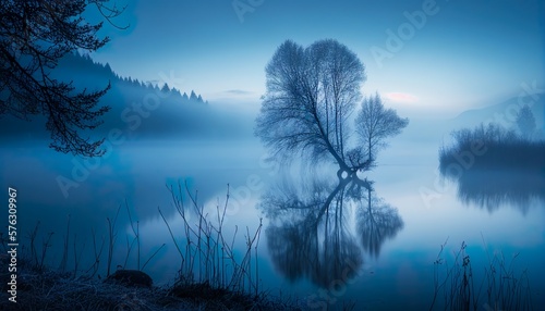 Canvastavla Mystical Lake: A Haunting Image of a Lake During the Blue Hour with Fog