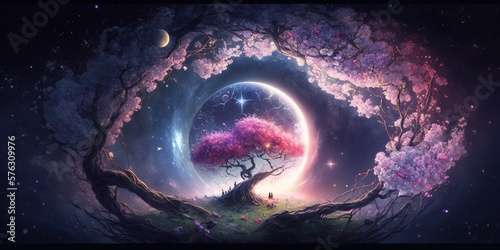 Spring Blossom Landscape Banner: A Fantasy Galaxy for Spiritual Healing and Consciousness. Generative AI. photo