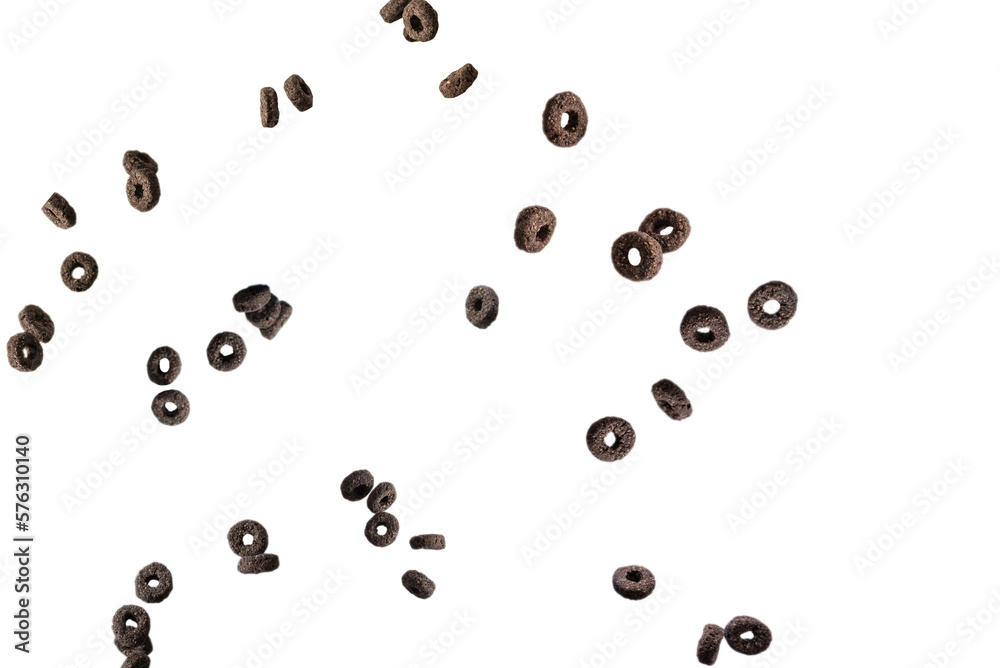 Chocolate rings cereal spill out into a bowl. Breakfast. Chocolate rings cereal spill out into a bowl. Breakfast.