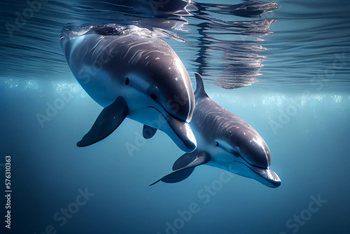 Obraz na płótnie Beautiful dolphins swimming in a clear blue water, generative ai