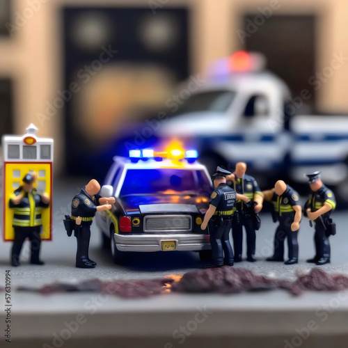 miniature model of riot scene with police car, made with generative ai