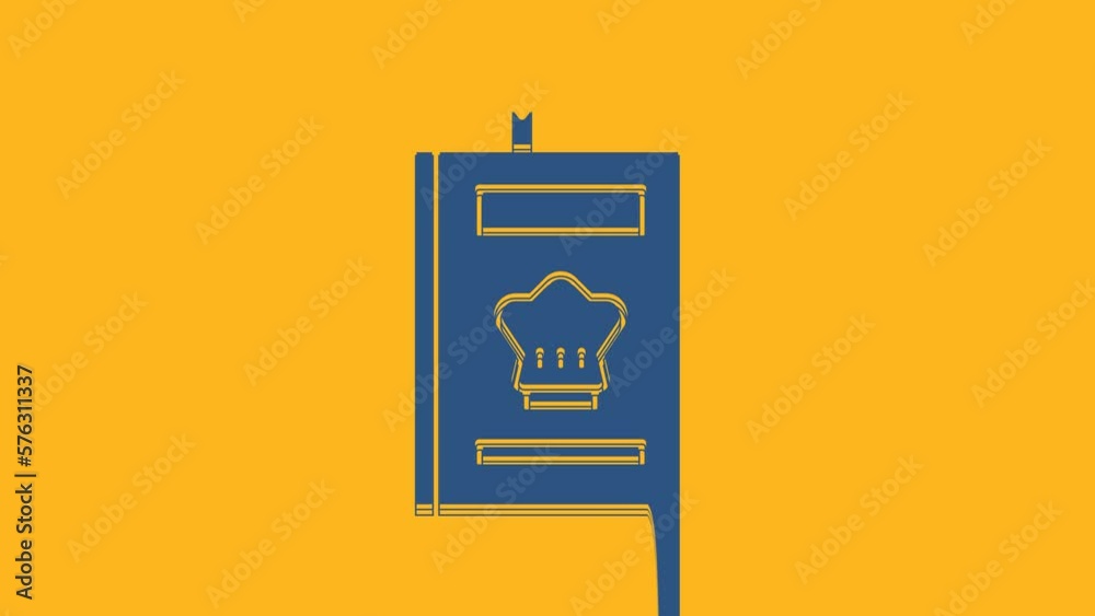 Blue Cookbook icon isolated on orange background. Cooking book icon. Recipe book. Fork and knife icons. Cutlery symbol. 4K Video motion graphic animation Blue Cookbook icon isolated on orange background. Cooking book icon. Recipe book. Fork and knife icons. Cutlery symbol. 4K Video motion graphic animation